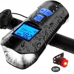 3 in 1 computer bicicleta cu far LED si claxon incorporate + lampa stop