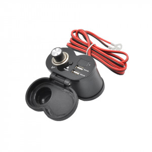 Alimentator moto 12V-5V cu priza bricheta, 2 prize USB (1,5A si 3A, voltmetru si buton on-off, cu prindere pe ghidon sau la oglinda