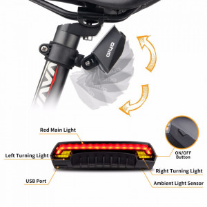 Lampa stop bicicleta reincarcabila USB, cu semnalizatoare LED, lasere laterale si telecomanda wireless, tip R1