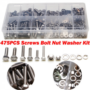 Set 475 piese: suruburi cu cap hexagonal din otel inox, M4, M5, M6, cu piulite, saibe si saibe grover