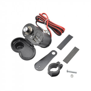 Alimentator moto 12V-5V cu priza bricheta, 2 prize USB (1,5A si 3A, voltmetru si buton on-off, cu prindere pe ghidon sau la oglinda