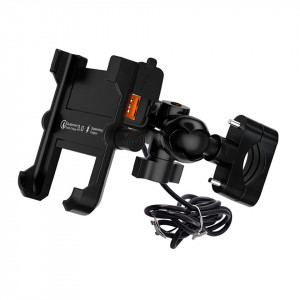 Suport de telefon moto metalic cu incarcare USB 3.0, cu prindere dubla ghidon sau la oglinda