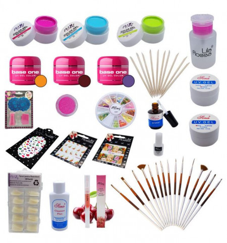 Kit unghii false gel UV cu geluri colorate, strasuri, stampila Nail Art, bete pentru cuticule si pensule aplicare