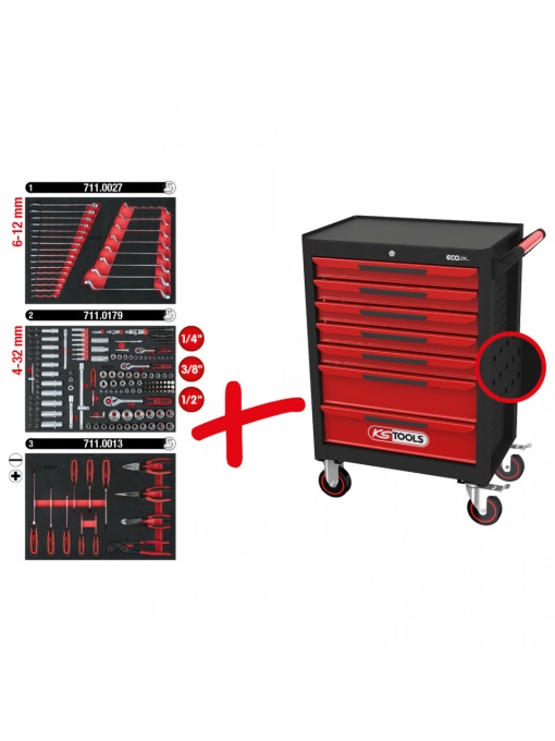 Carucior De Atelier Ecoline Negru/Rosu Cu 7 Sertare Si 215 Unelte Premium - KS TOOLS - 897.7215
