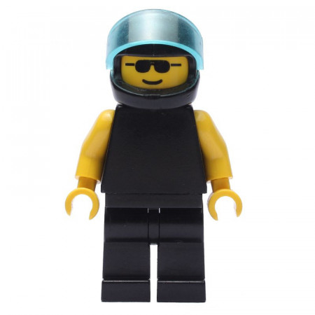pln011G Zwarte torso gele armen, zwarte benen, zonnebril, zwarte helm met tr.lichtblauw visier gebruikt *0M0000