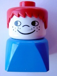 dupfig018 Duplo 2 x 2 x 2 Figure Brick Early, Male on Blue Base, Red Hair, Cheek Freckles *