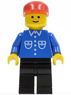 but012G Man, blauw overhemd met zakken en knopen, rode constructiehelm, zwarte benen gebruikt *0M0000