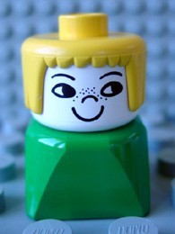 dupfig019 Duplo 2 x 2 x 2 Figure Brick Early, Female on Green Base, Yellow Hair, Nose Freckles *
