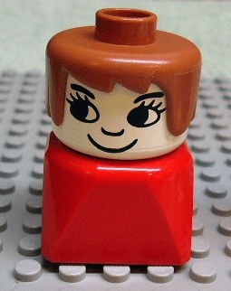 dupfig030 Duplo 2 x 2 x 2 Figure Brick Early, Female on Red Base, Fabuland Brown Hair, Eyelashes, Nose *