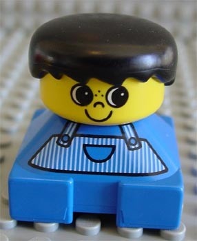 2327pb01 Duplo 2 x 2 x 2 Figure Brick, Blue Base, Striped Overalls, Black Hair, Large Eyes, Freckles on Nose *