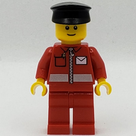 post010b Post Office - Zwarte pet, hoofd met bruine wenkbrauwen, rode jas met rits en briefembleem, rode benen gebruikt *0M0000