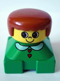 2327pb06 Duplo 2 x 2 x 2 Figure Brick, Green Base with White Collar and Red Heart Buttons, Yellow Head, Dark Orange Female Hair *