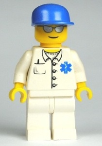 cty0017G Dokter- Blauwe pet met klep. Zilveren zonnebril, wit pak met blauw wmbleem, witte broek, gele handen gebruikt *0M0000