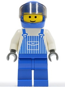 ovr024G Overall blauw-wit gestreept, blauwe helm met tr. Zwarte vizier, blauwe broek gebruikt *0M0000