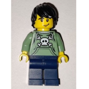 col006 Skater, zandgroen hemd met doodshoofd, zwart modern haar NIEUW *0M0000