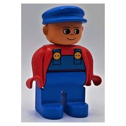 4555pb027G Duplo, man met blauwe overall en blauwe pet gebruikt *