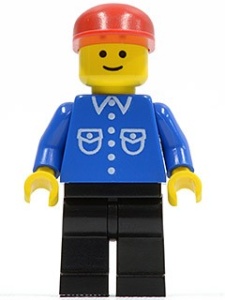 but012G Man, blauw overhemd met zakken en knopen, rode constructiehelm, zwarte benen gebruikt *0M0000