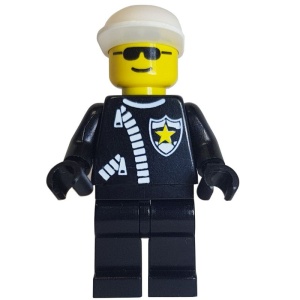 cop006G POLITIE- Witte pet met klepp,, zonnebril, pak met ritsluiting, zwarte broek gebruikt *0M0000