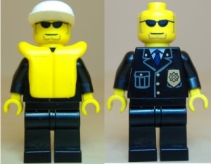 cty0019G Politie- Witte pet met klep, zwarte zonnebril, zwart pak met badge en zwemvest, zwarte broek, gele handen gebruikt *0M0000