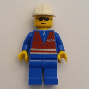 trn057G rode Shirt met ritssluiting - blauwe benen, witte Constructie helm, zonnebril gebruikt *0M0000