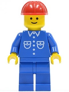 but011G Man, blauw overhemd met zakken en knopen, rode constructiehelm, blauwe benen gebruikt *0M0000