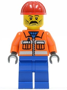 cty0016G Bouwvakker- oranje jas met rits, blauwe broek, rode constructiehelm, snor en baard gebruikt *0M0000
