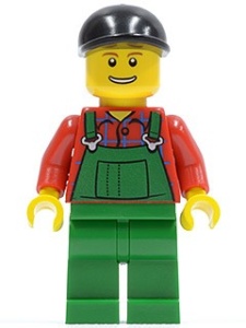 cty0176G Boer, zwarte cap, lachend met tanden, groene overall op rood hemd gebruikt *0M0000