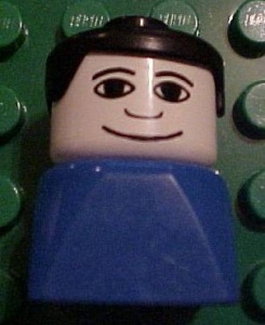 dupfig013 Duplo 2 x 2 x 2 Figure Brick Early, Male on Blue Base, Black Hair, Wide Smile *