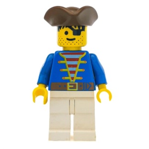 pi009G Piraat blauw shirt, bruine piratenhoed, witte benen gebruikt *0M0000