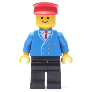 trn045G Railway Employee 1, Rode pet, blauwe jas met logo, zwarte broek gebruikt *0M0000