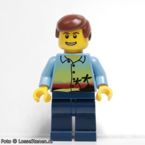 twn109 Shirt met zonsondergang en palmboom, donkerblauwe benen, roodbruin haar NIEUW *0M0000