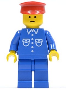 but020G Man, blauw overhemd met zakken en knopen, rode pet, blauwe benen gebruikt *0M0000