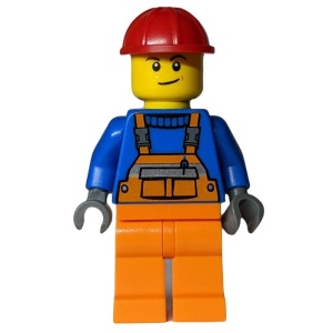 con011G Bouwvakker - oranje overall en rode constructiehelm gebruikt *0M0000