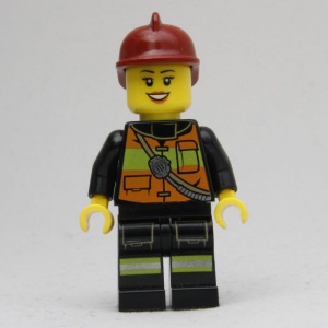 cty434 Brandweervrouw, donkerrode helm, wenkbrauwen. Reflectiepak, zwarte benen met reflectie NIEUW *0M0000