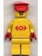 trn102aG Spoorwergmedewerker, geel pak m,et groot rood logo, gele broek, rode pet, puntsnor gebruikt *0M0000