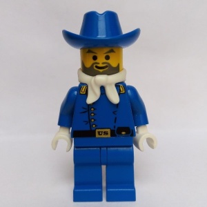 ww003G Wild West- Cavalerie Luitenant, één rij knopen, blauwe broek, hoofd met baard, witte sjaal, blauwe cowboyhoed gebruikt *0M0000