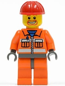 cty0041G Bouwvakker, Rode veiligheidshelm, gezicht met ringbaard, oranje pak met ritssluiting, oranje broek, donkerblauwgrijze handen gebruikt *0M0000