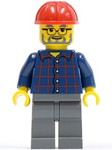 cty0126 Bouwvakker, bril en baard, geruit shirt, rode constructiehelm, donkerblauwgrijze broek NIEUW *0M0000