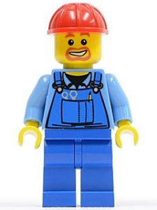 cty0159G Bouwvakker, rode veiligheidshelm, ringbaard, blauwe overall met gereedschap gebruikt *0M0000