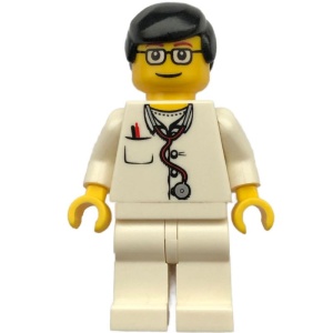 doc024 Dokter- Stethoscoop en thermometer, witte benen, zwart haar man, bril NIEUW *0M0000