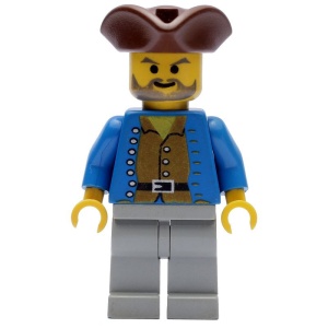 pi037G Piraat, bruin shirt, blauw vest, driehoekige hoed gebruikt *0M0000
