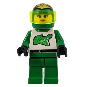 twn008G Groene helm met vlam en neongroen vizier, hoofd vrouw met puntige wenkbrauwen, witte blouse met aligator, groene broek gebruikt *0M0000