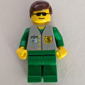 bnk001G Bank - Vest met dollarpictogram, groene armen en benen, bruin haar, zwarte zonnebril gebruikt *0M0000