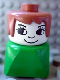 dupfig008 Duplo 2 x 2 x 2 Figure Brick Early, Female on Green Base, Fabuland Brown Hair, Eyelashes, Nose *