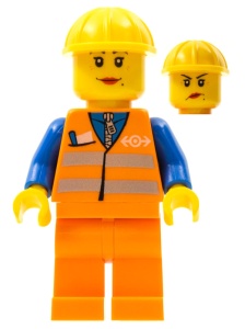 trn145G Werkvrouw, gele veiligheidshelm, oranje vest, oranje broek, rood mondje gebruikt *0M0000