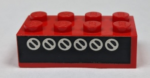 3001pb028-5G Steen 2x4 met 6 witte cirkels (Sticker) rood gebruikt *5V12-05