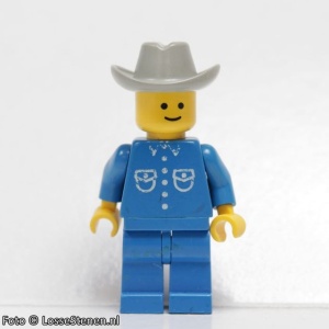 but006G Man, blauw overhemd met zakken en knopen, grijze cowboyhoed, blauwe benen gebruikt *0M0000
