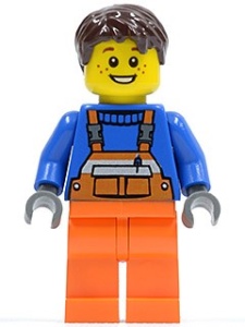 cty0215G Man, donkerbruin gekruld haar,. Oranje overall gebruikt *0M0000
