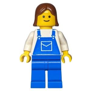 ovr018G Vrouw met wit hemd, blauwe overall- blauwe benen- bruin haar gebruikt *0M0000