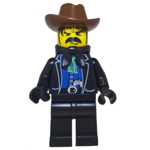 ww007G Wild West- Bandiet 1- Zwart pak, zwarte benen, bruine hoed, zwarte zakdoek, boos gezicht met snor gebruikt *0M0000